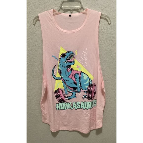 Pink Sleeveless Tank Top With "Hunkasaurus" Dinosaur Graphic Design Size L - Picture 1 of 4